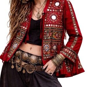 Mirror Jacket  M/L Red Embroidered Boho  Festival Cropped Flared Coachella